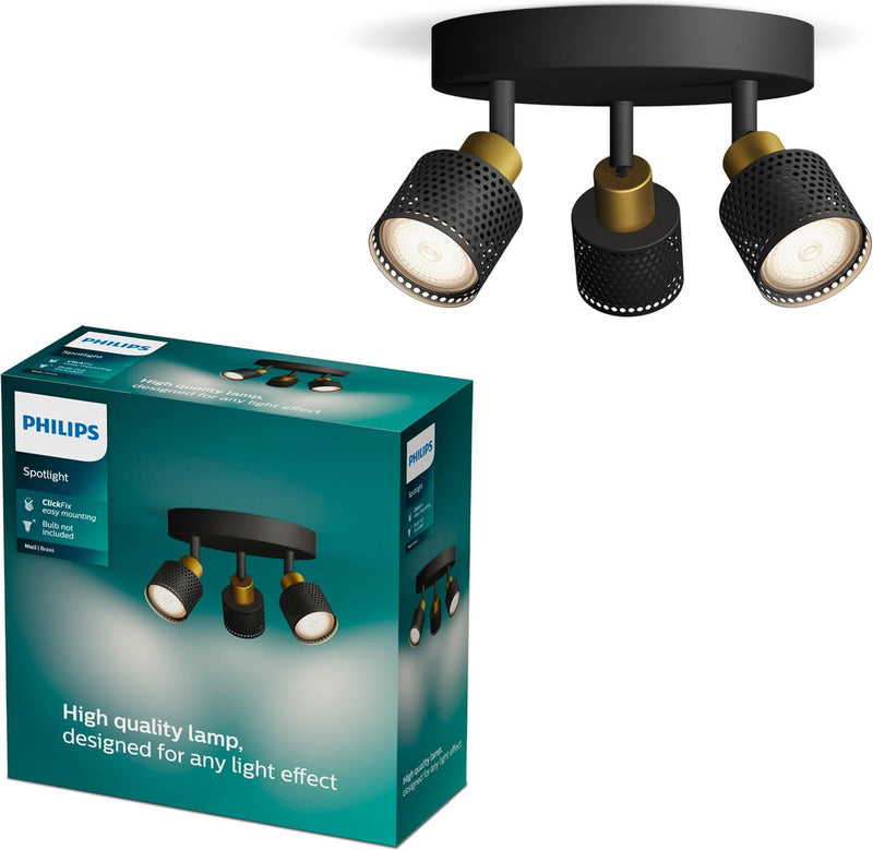 Philips LED Philips Niall spot - faretto da soffitto con tre punti luce - nero con design oro - attacco LED gu10 - base tonda