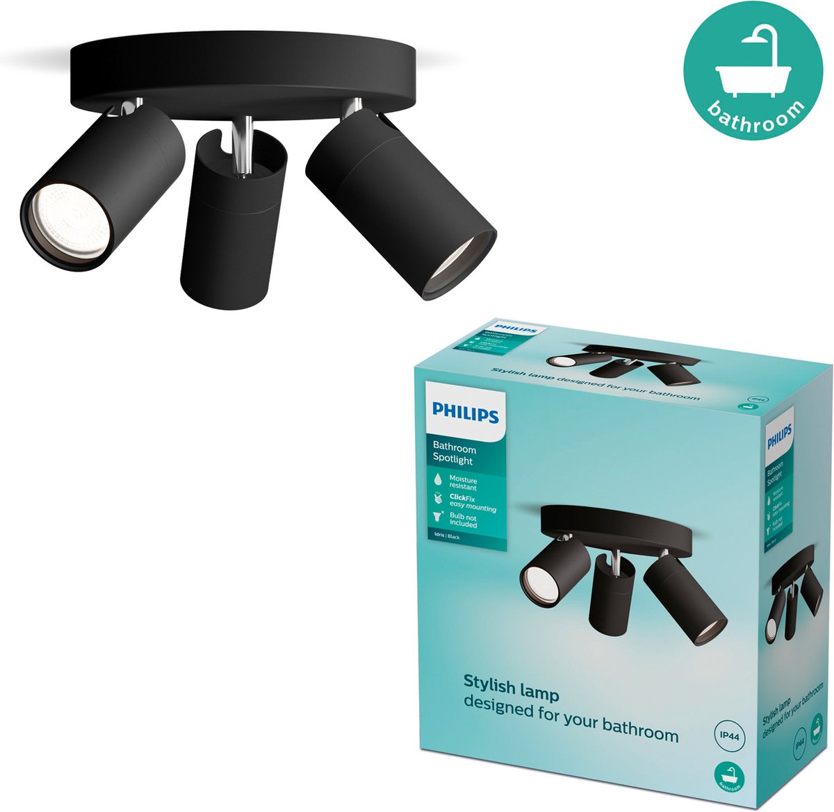 Philips Spot LED Philips Idris - faretto da soffitto - antispruzzo IP44 - nero - 5W - lampada da bagno - tre punti luce - base rotonda - adatto solo per spot LED