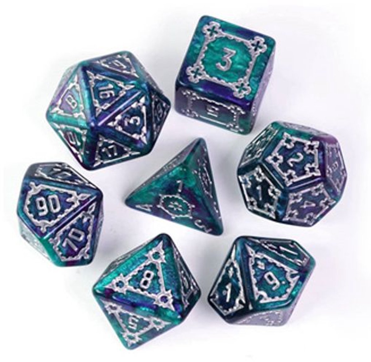 Set di dadi per giochi caldi Jumbo Castle verde-viola 7 pezzi Dungeons and Dragons.