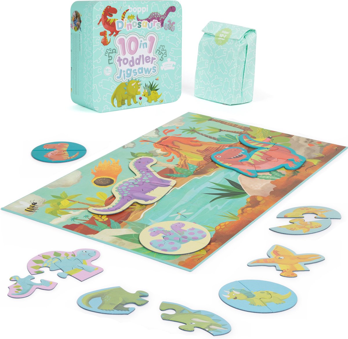 Boppi stoere dino's puzzel (set) - 10 varianten - speciaal voor peuters - gemaakt van recycled karton