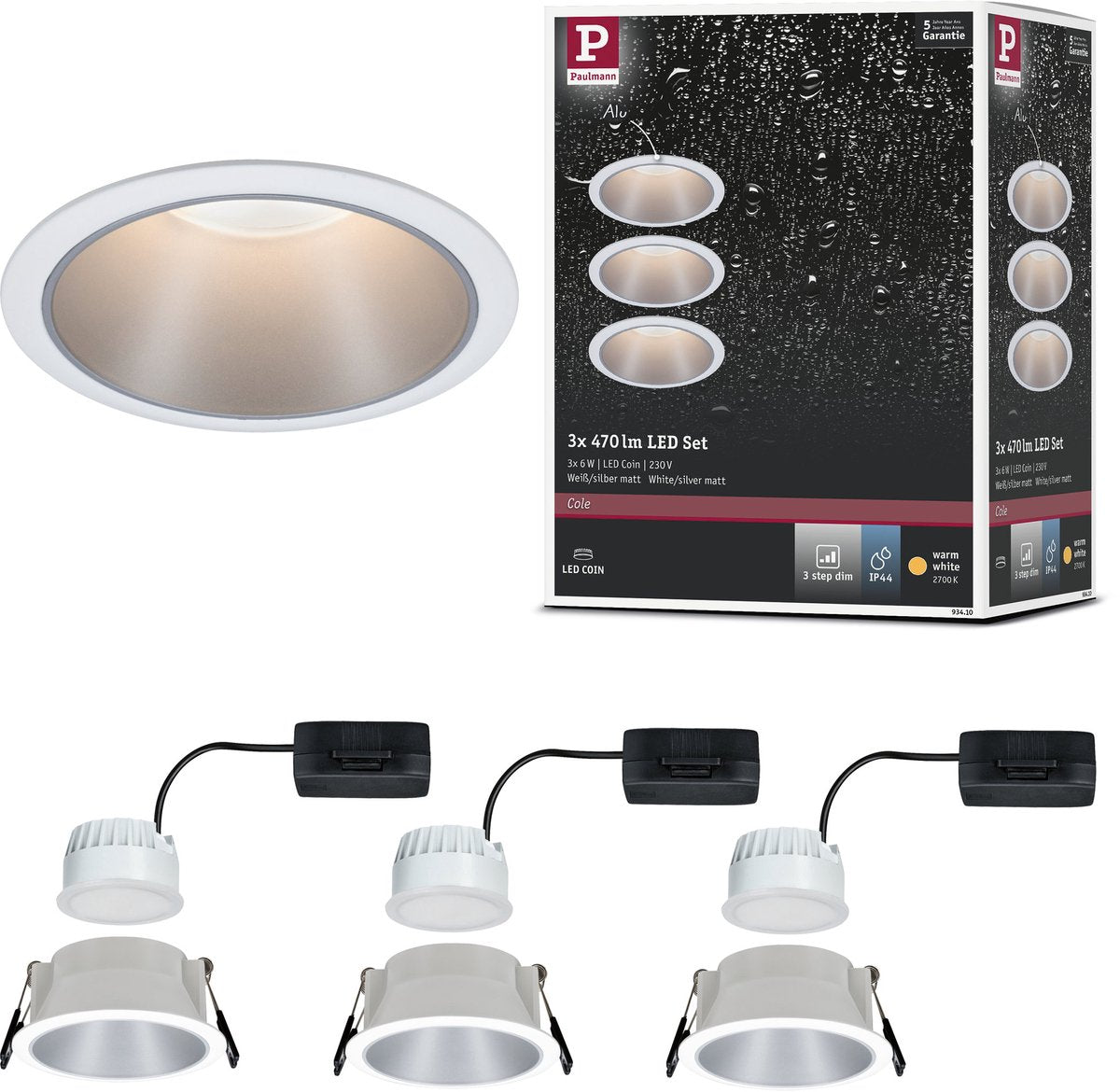 Paulmann empotrable LED 3-step-dim cole coin juego de 3 ip44 redondo 88 mm moneda 3x6w 3x470lm 230v regulable 2700k blanco, plata mate