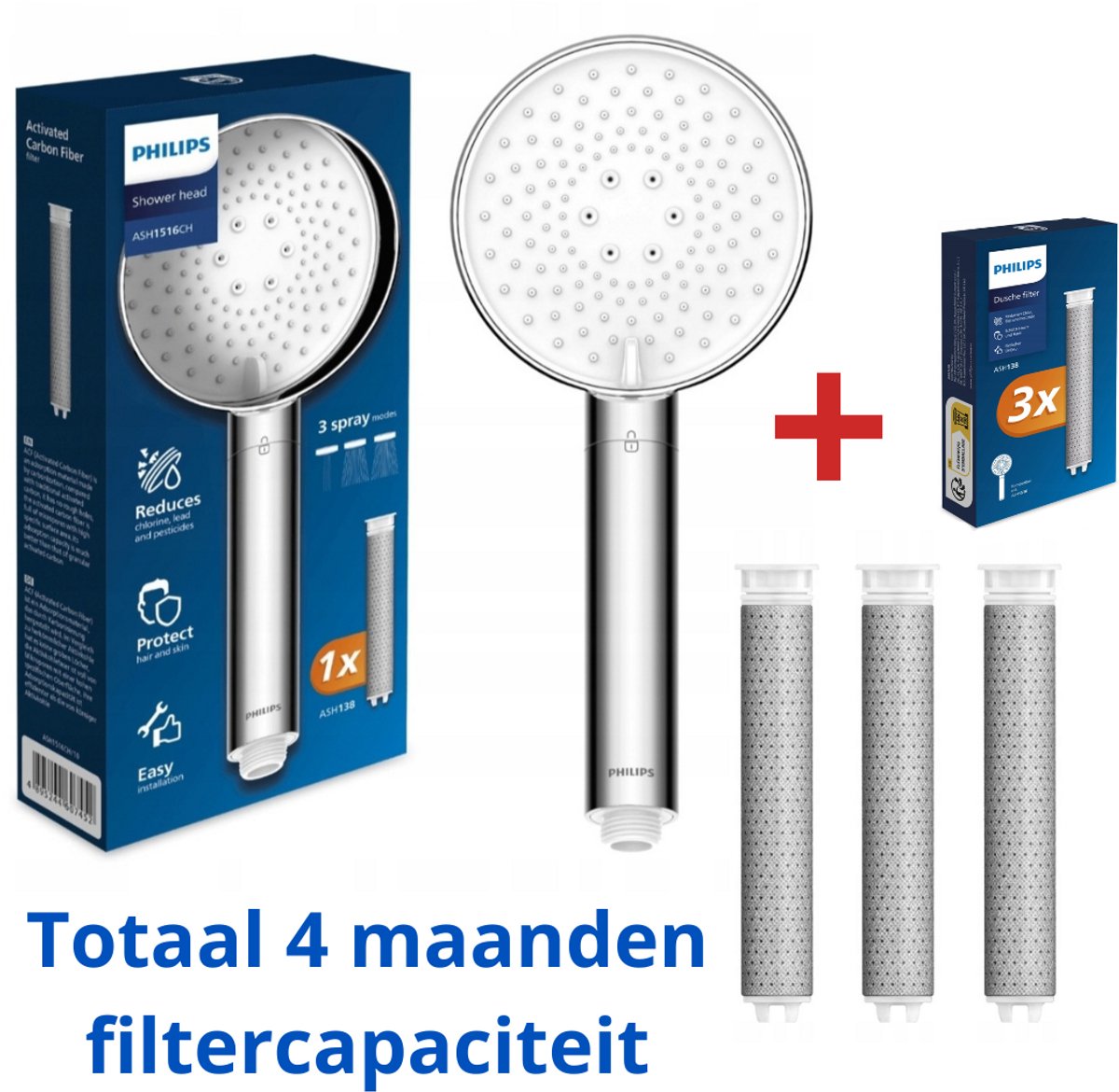 Soffione doccia Philips + 3 filtri doccia - totale 4 filtri per 4 mesi di protezione della pelle e dei capelli - massima qualità - marchio noto