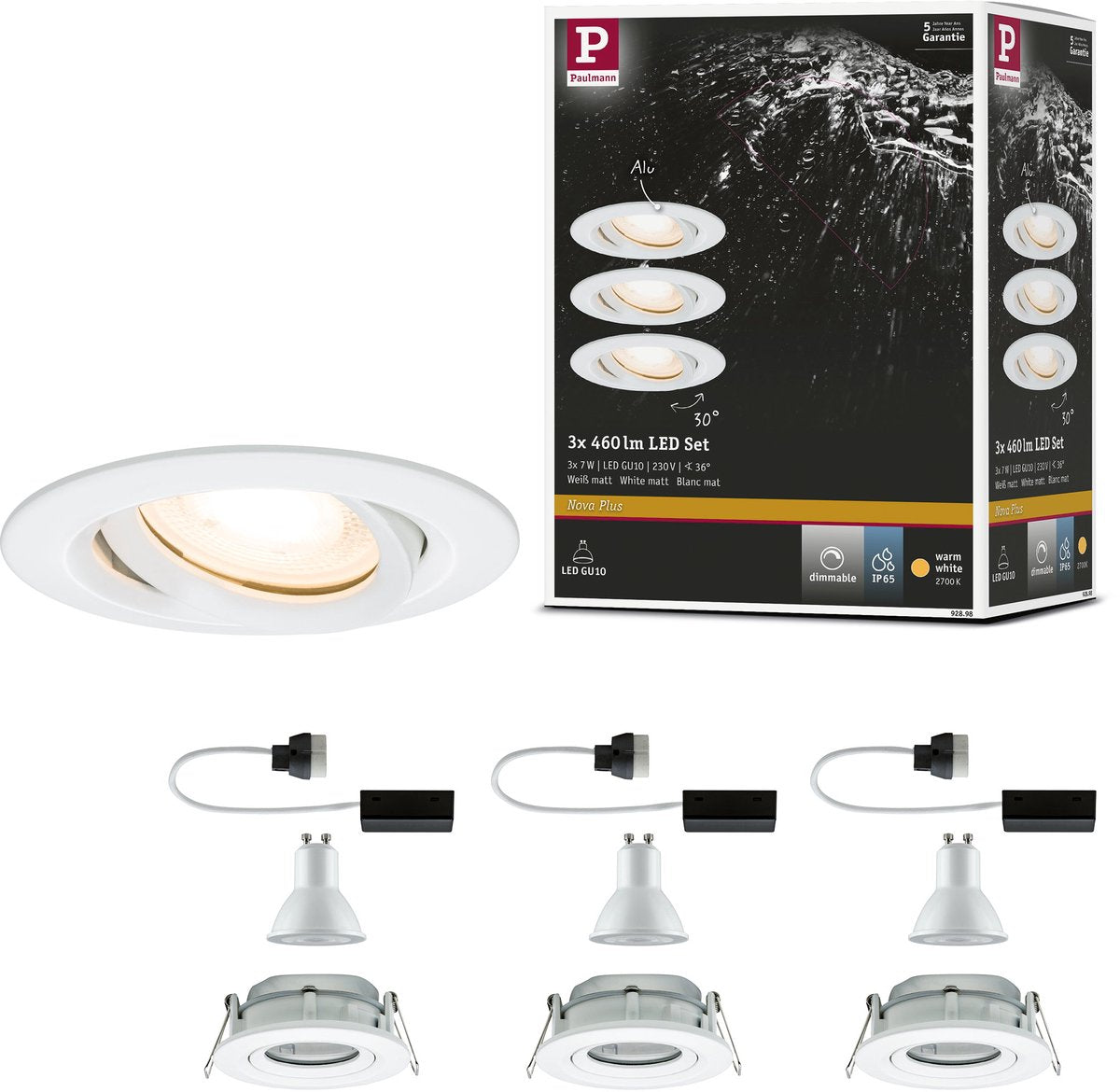 Paulmann led-inbouwlamp nova plus set van 3 zwenkbaar ip65 rond 93 mm 30° gu10 3x7w 3x460lm 230v dimbaar 2700k wit mat