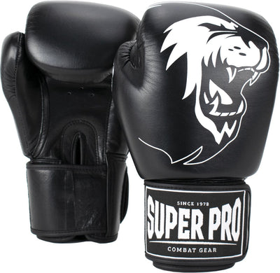 Super pro combat gear warrior lederen (kick)bokshandschoenen zwart wit 8oz