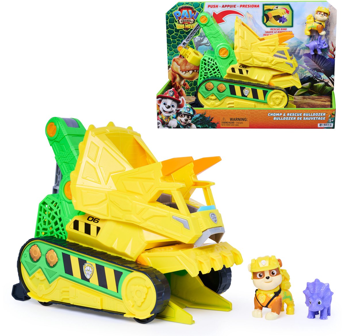 Paw patrol - de dino film - chomp rescue bulldozer met rubble-figuur en dinosaurusfiguur, voertuig met happende actie en reddingsklauw