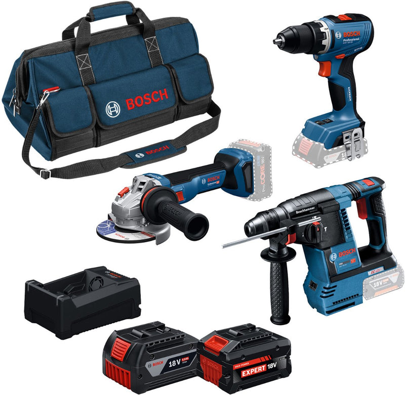 Set combinato Bosch da 3 pezzi blu Trapano avvitatore a batteria GSR 18V-65, trapano a percussione GBH 18V-26, smerigliatrice angolare GWS 18V-11, 2x GBA 18V 5.0Ah-5.5Ah - 0615A500aj