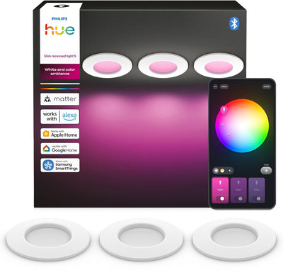 Philips Hue thin LED recessed spotlight - bathroom lighting - Gu10 fitting - contains 3 recessed spotlights - adjustable white and colored light - white - IP44: splash-proof - ø: 90mm - smart lighting