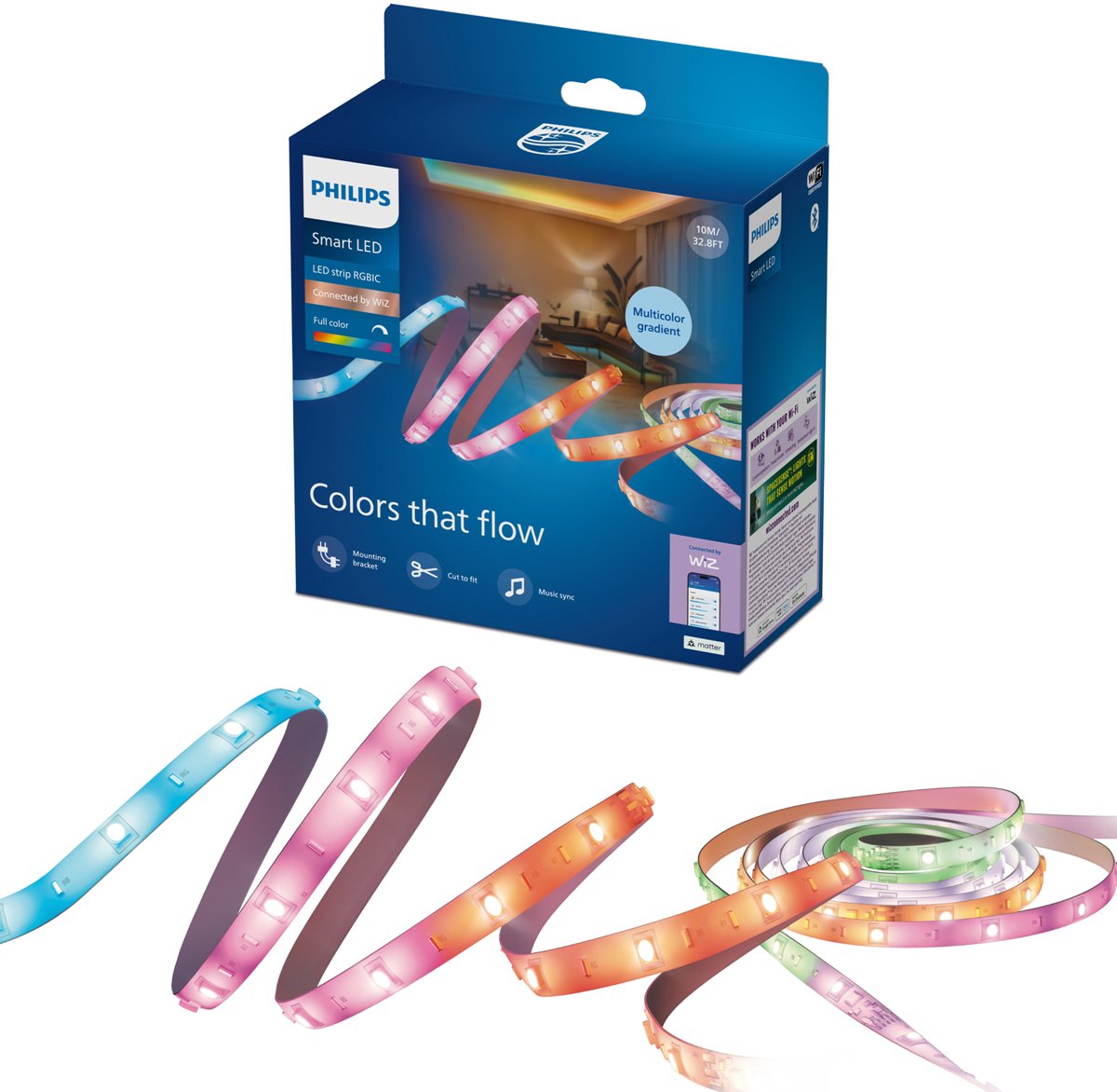 Philips lighting philips smart lighting - striscia led - lunghezza: 10m (5+5) - rgbic - luce bianca colorata e regolabile - sincronizzazione musicale - funziona con app wiz - wifi