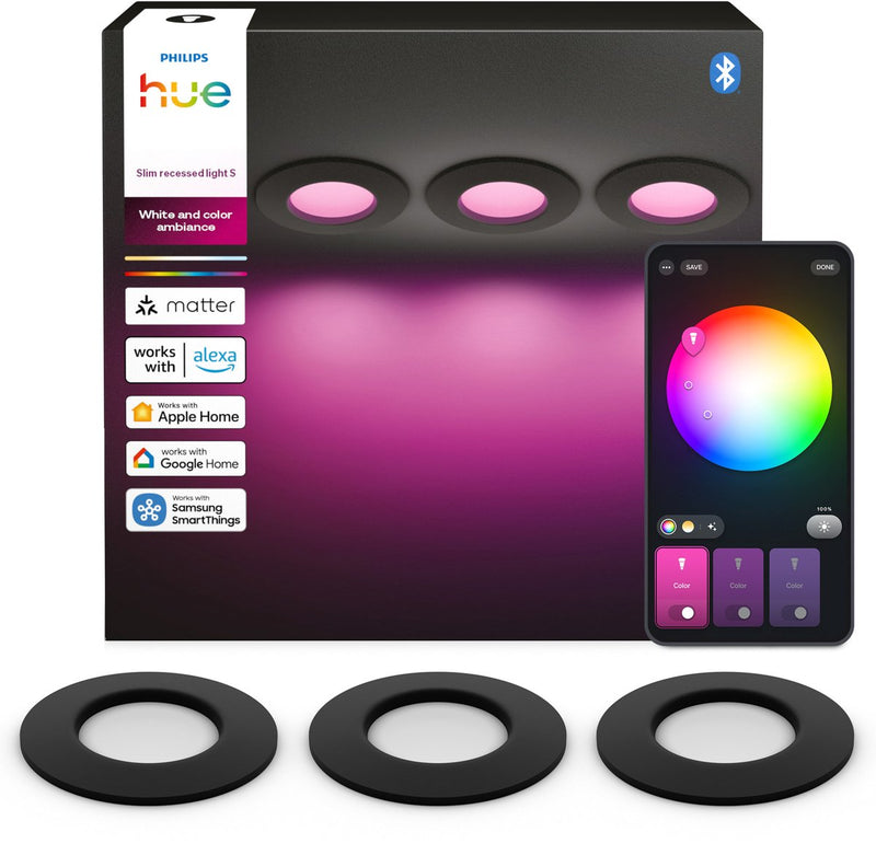 Foco empotrable LED fino Philips Hue - iluminación de baño - Accesorio Gu10 - contiene 3 focos empotrables - luz blanca y de color ajustable - negro - IP44: a prueba de salpicaduras - ø: 90 mm - iluminación inteligente