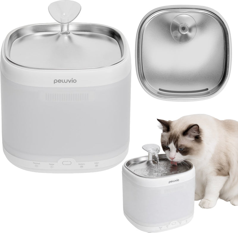 Peluvio rillan – fontana per gatti con radar intelligente – serbatoio da 2 l – sistema a doppio filtro – batteria USB-C – silenziosa, igienica, a risparmio energetico