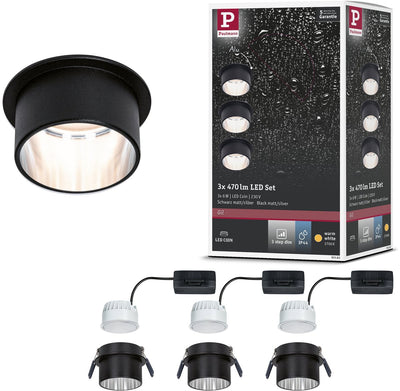 Paulmann LED recessed lamp 3-step-dim Gil Coin basic set IP44 round 68 mm coin 3x6W 3x470lm 230V dimmable 2700K black matt, brushed steel