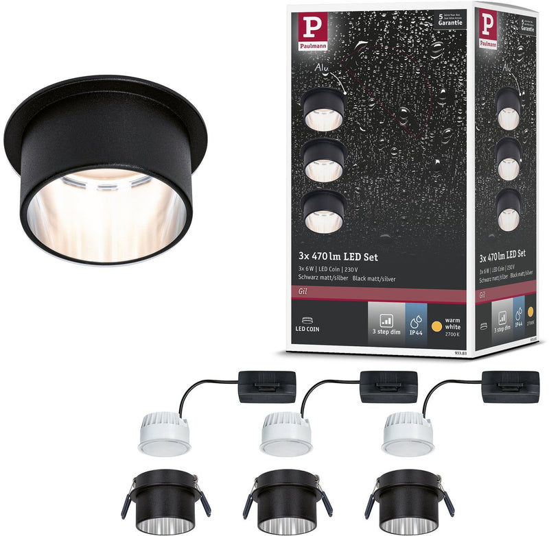 Paulmann LED empotrable 3-step-dim Gil Coin set básico IP44 redondo 68 mm moneda 3x6W 3x470lm 230V regulable 2700K negro mate, acero cepillado