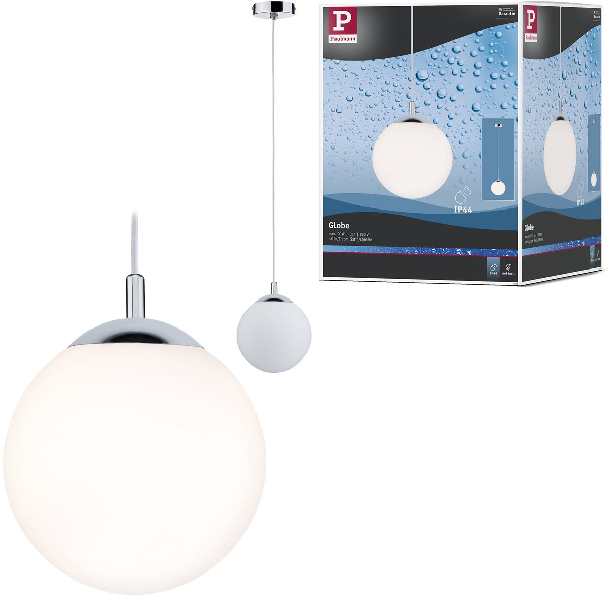 Paulmann lámpara colgante globo ip44 e27 máx. 20w satinado, cromo regulable