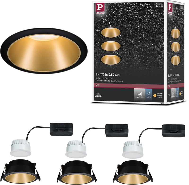 Paulmann LED empotrable 3-step-dim cole coin juego de 3 ip44 redondo 88 mm moneda 3x6w 3x470lm 230v regulable 2700k negro, oro mate