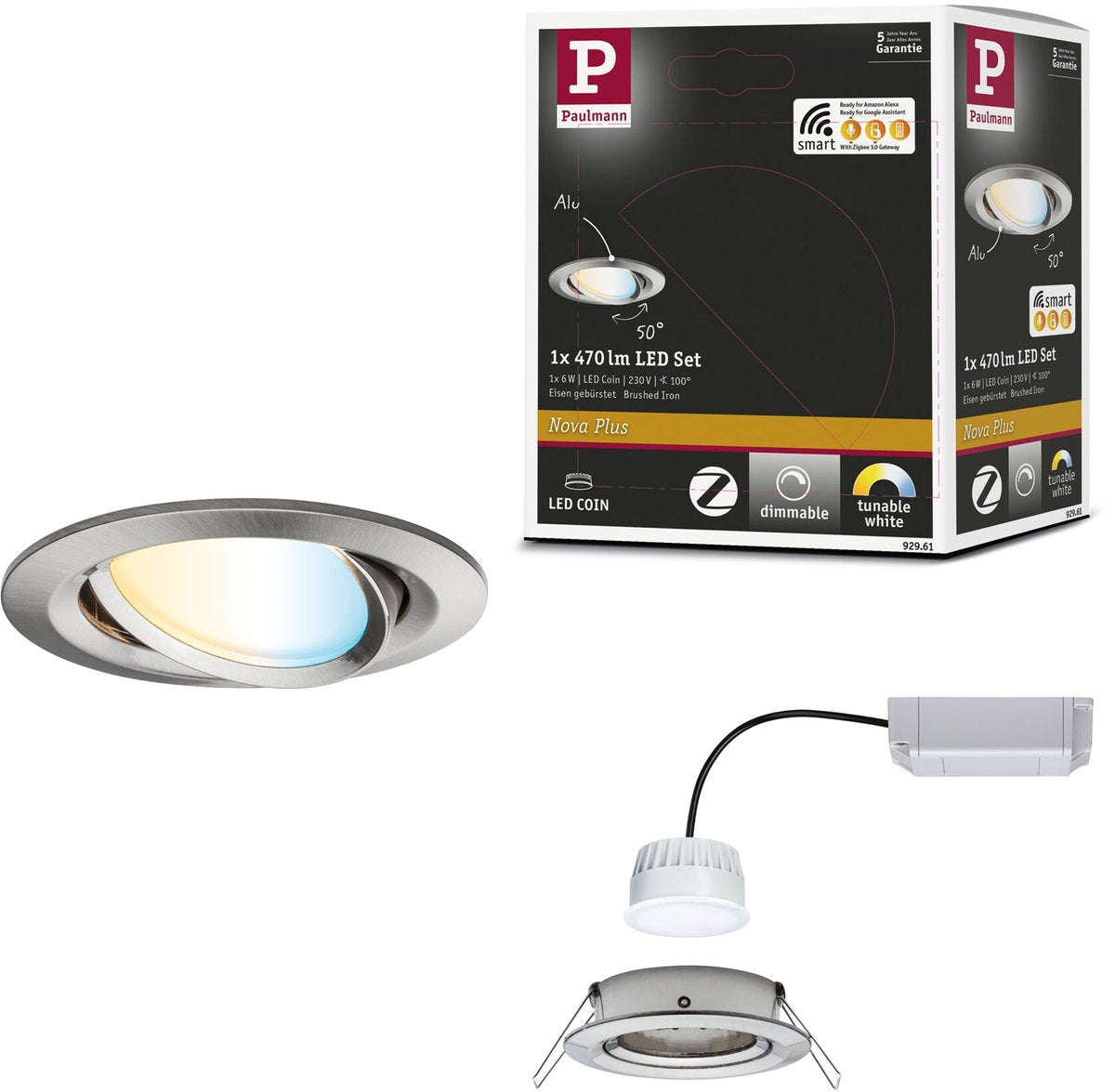 Paulmann LED empotrable Smart Home Zigbee 3.0 Nova Plus Coin orientable redondo 84 mm 50° Coin 6W 470lm 230V Regulable Tunable Blanco Acero cepillado