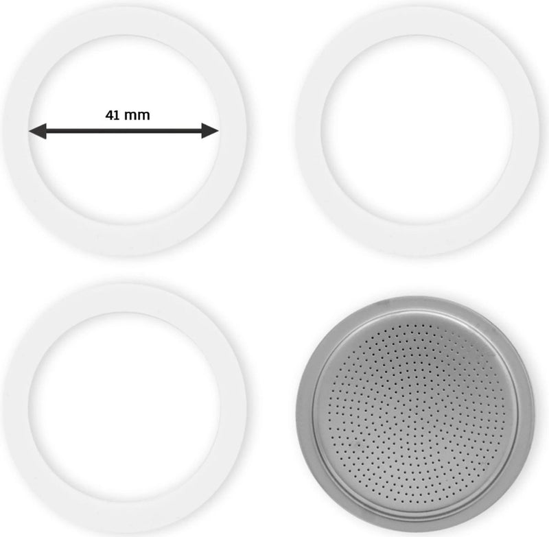 Bialetti - set piastre filtranti in alluminio (41mm) - per moka express e moka a induzione, 2 teste - inclusi 3 anelli in gomma (dimensione anello interno 41mm)