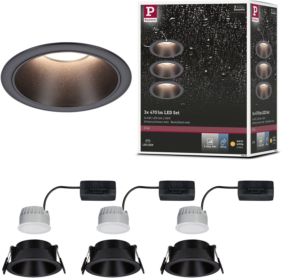 Paulmann empotrable LED 3-step-dim cole coin juego de 3 ip44 redondo 88mm moneda 3x6w 3x470lm 230v regulable 2700k negro