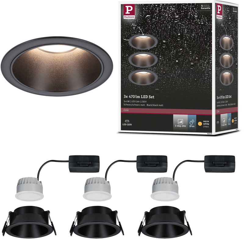 Paulmann LED da incasso 3-step-dim cole coin set da 3 ip44 rotondo 88mm coin 3x6w 3x470lm 230v dimmerabile 2700k nero