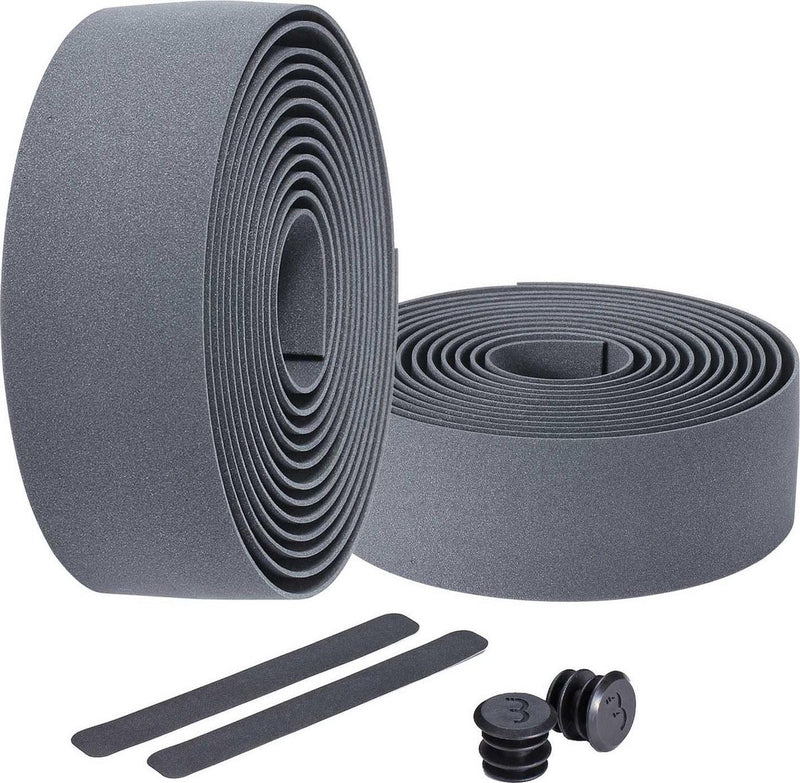 Nastro manubrio ciclismo Bbb bici da corsa - nastro manubrio autoadesivo con materiale elasticizzato - antiscivolo - lunghezza: 200 cm - spessore: 2 mm - compresi tappi manubrio - grigio - nastro da corsa bht-01