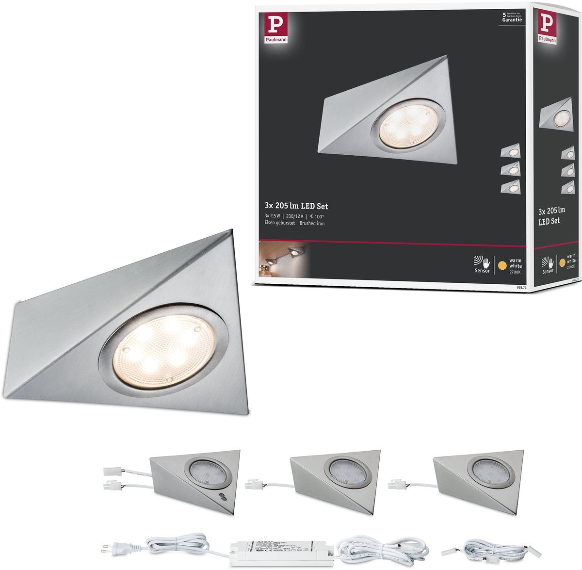 Juego de 3 luces LED para debajo del mostrador Paulmann - acero cepillado - 2,8W - 170 lm - 230 12v - diseño angular - iluminación para gabinetes de cocina LED debajo del mostrador