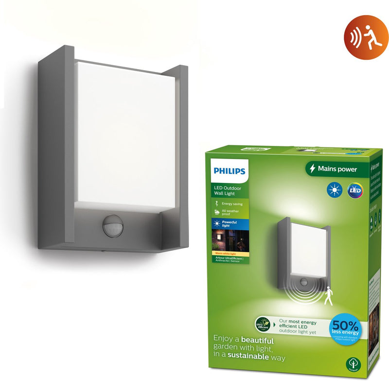 Philips led philips arbour wandlamp - ultra efficient - antraciet - met sensor - 3,8w
