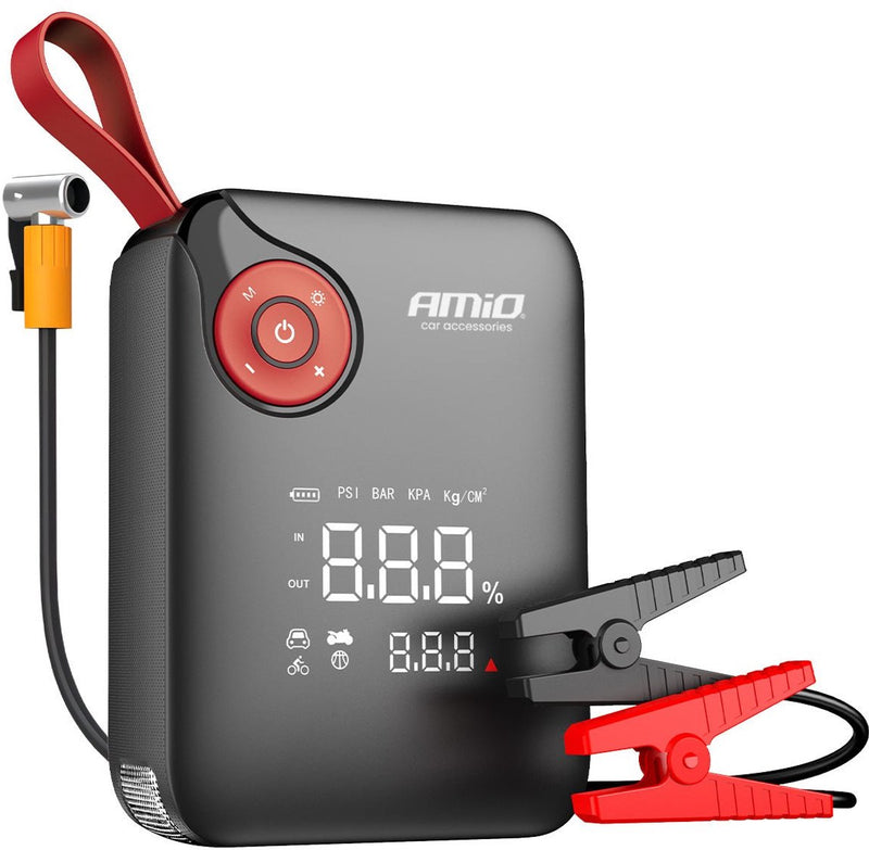 Amio mini avviatore portatile 4 in 1 – power bank 12v 600a con compressore d'aria e torcia a LED – avviatore portatile per auto – booster batteria intelligente