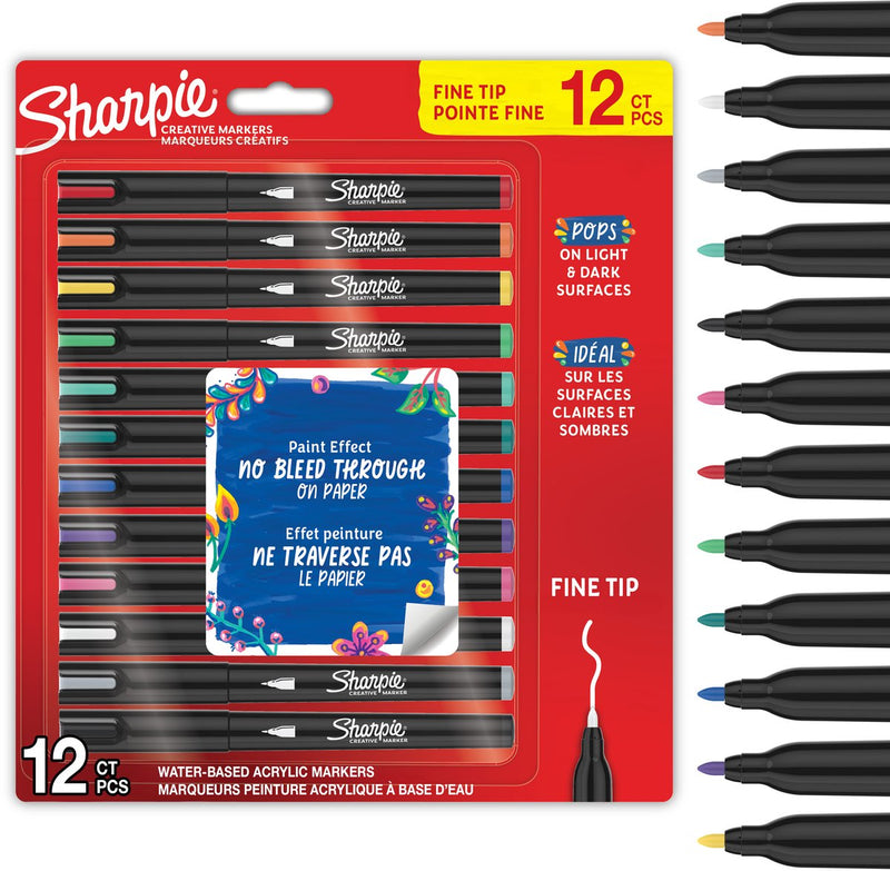 Pennarelli per pittura acrilica con pennarelli creativi Sharpie | pennarelli a vernice a base acqua | l'inchiostro non continua scrive sulla maggior parte delle superfici | bel punto | forniture per artigianato e arte | vari colori | 12 pezzi