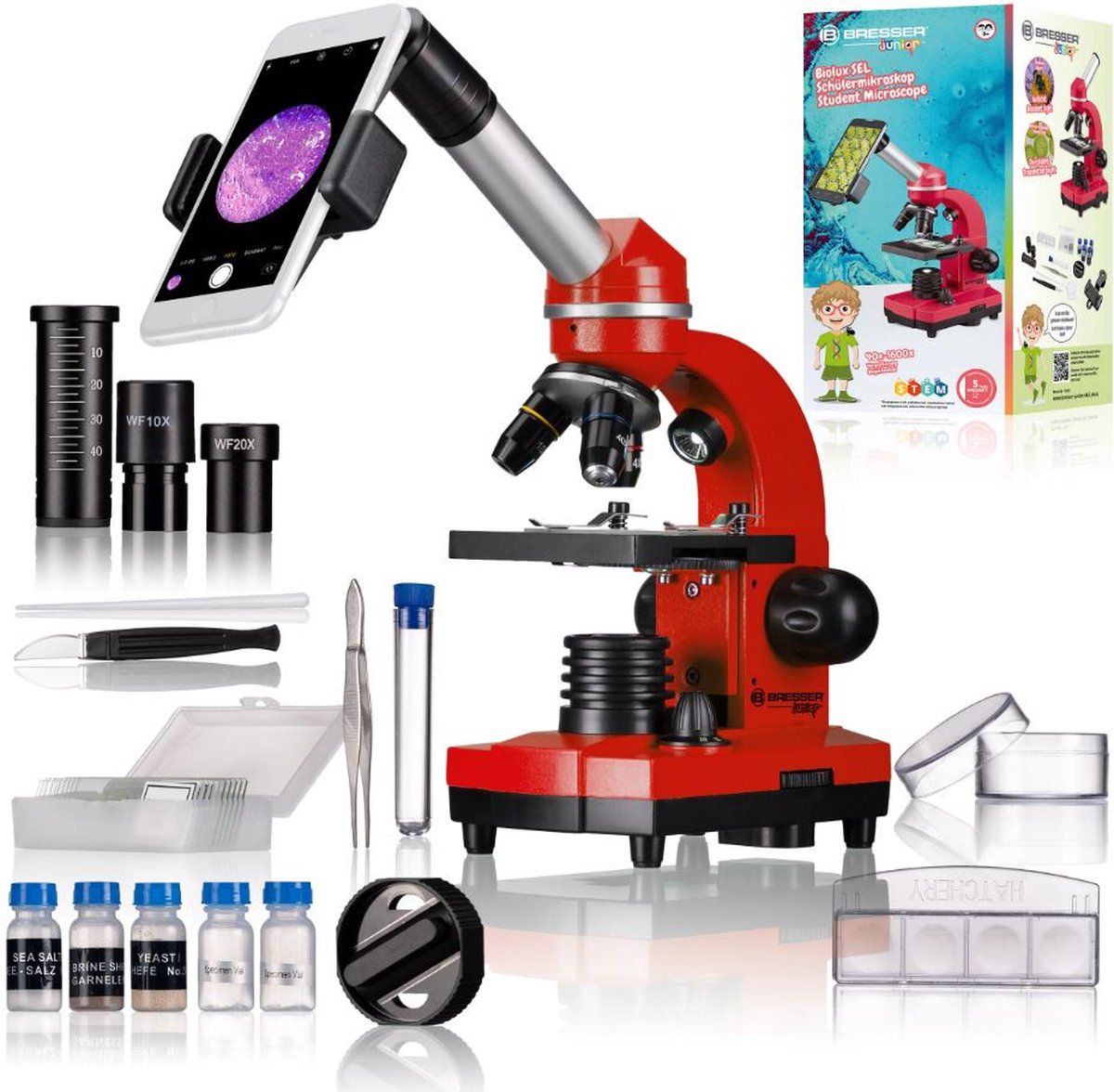 Bresser Microscope Junior 29 cm steel red 28-piece