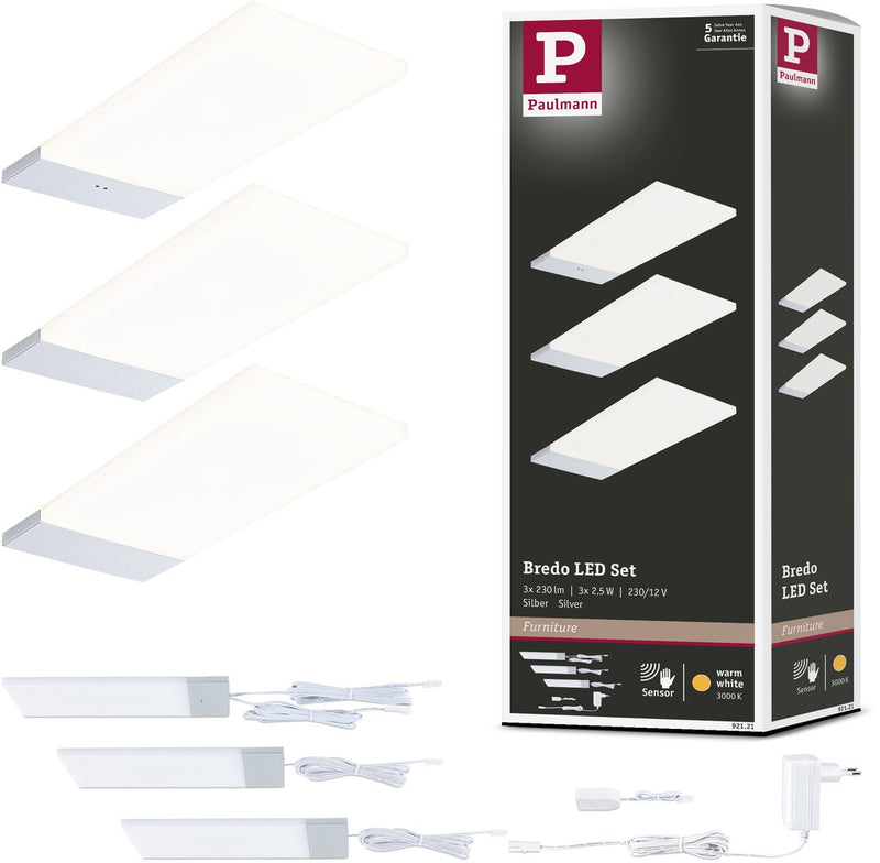 Paulmann iluminación LED debajo de armario interruptor de proximidad Bredo juego de 3 3x2,5w 80x190 mm 3x180lm 230 12v plata