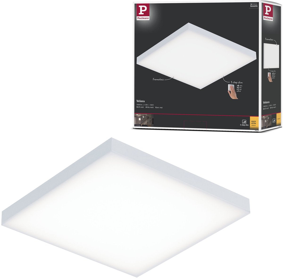 Paulmann Panel LED 3-step-dim velora angular 225x225 mm 12w 1200lm 3000k blanco regulable
