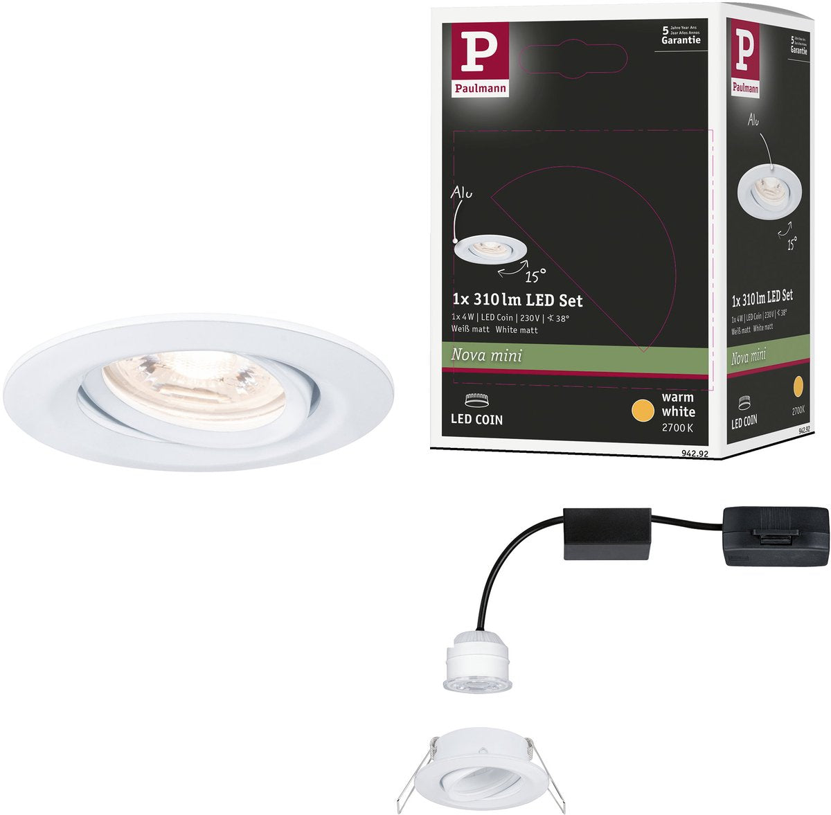 Paulmann LED empotrable nova mini moneda lámpara individual orientable redonda 66 mm 15° moneda 4w 310lm 230v 2700k blanco mate