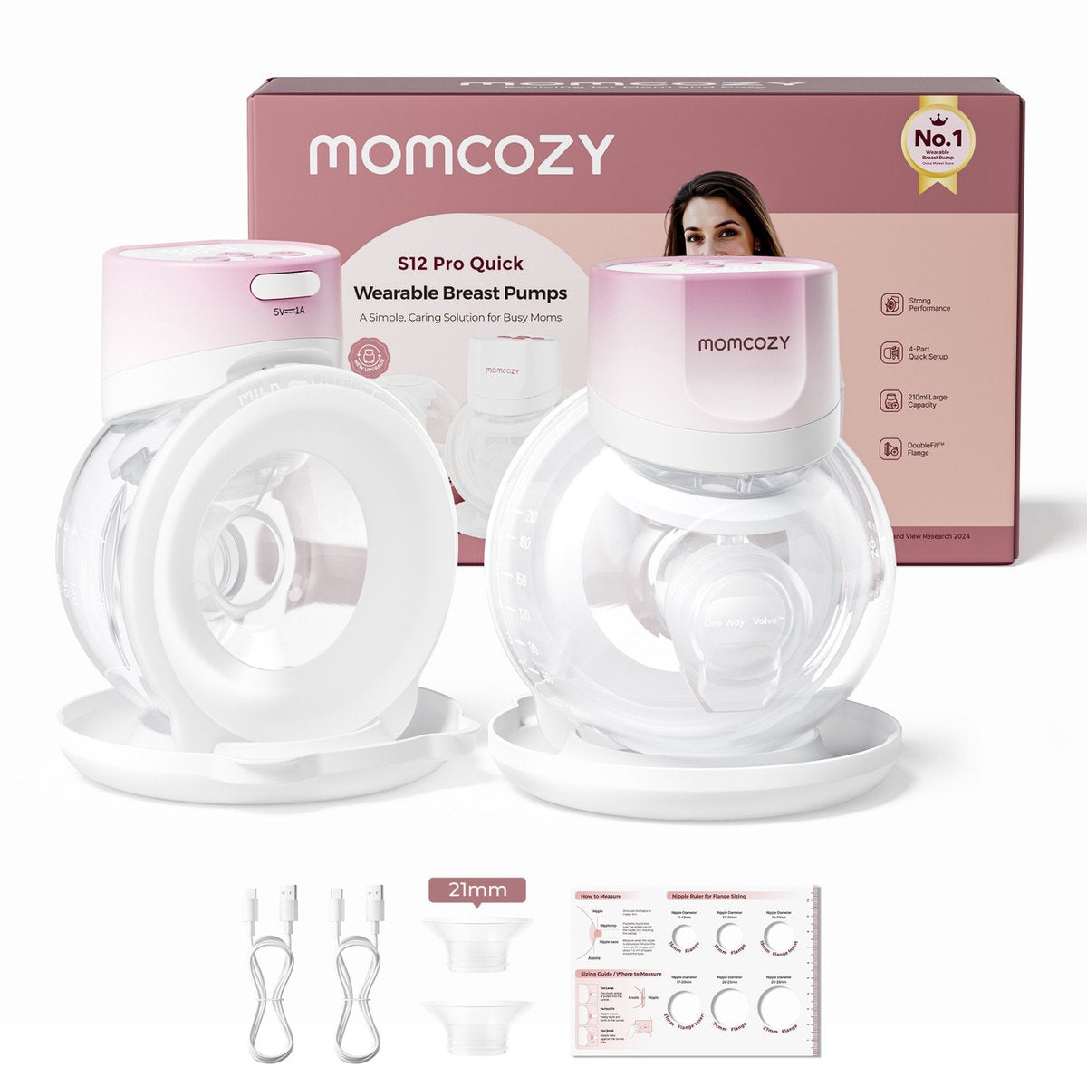 Momcozy s12pro quick handsfree borstkolf - 2 stuks - extra stil en compact - elektrisch - oplaadbaar - roze wit - s12pro+