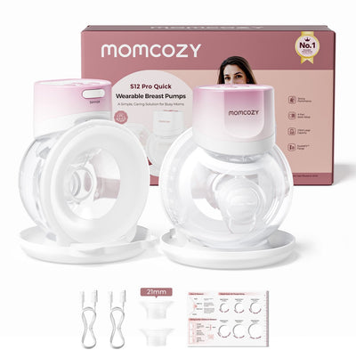 Momcozy s12pro quick hands-free breast pump - 2 pieces - extra quiet and compact - electric - rechargeable - pink white - s12pro+