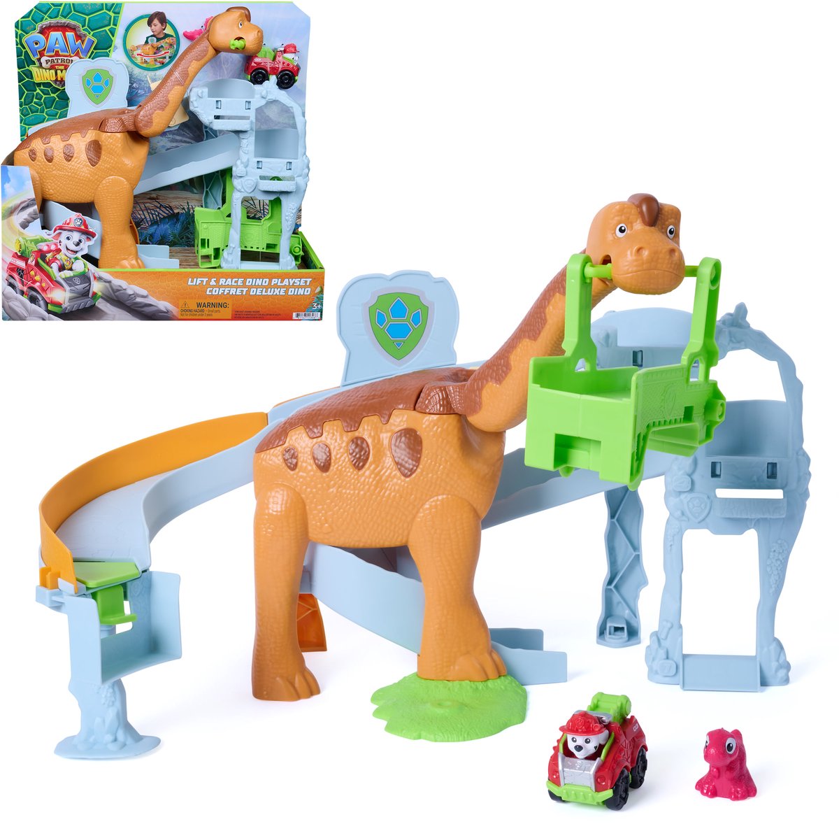 Paw Patrol - The Dino Movie - Elevator Race Dino playset con Brachiosaurus da 25,4 cm, Marshall Pup Squad Racer e action figure di Rabarbaro