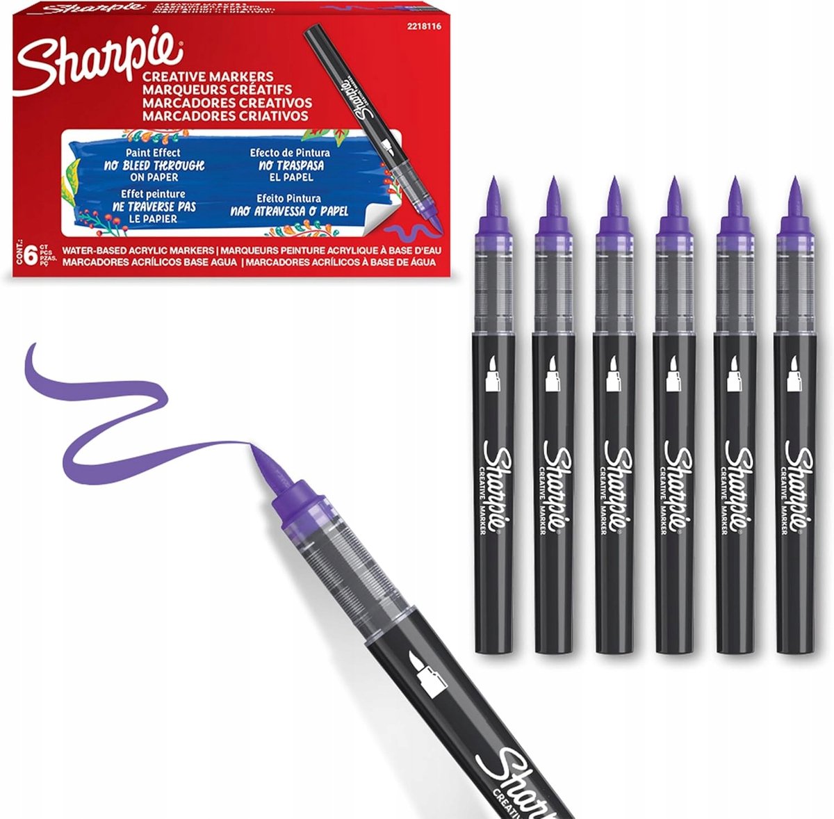 Marcadores creativos Sharpie de pintura acrílica | punta de pincel | marcadores de pintura a base de agua | la tinta no sangra y es adecuada para la mayoría de las superficies | lila | 6 piezas
