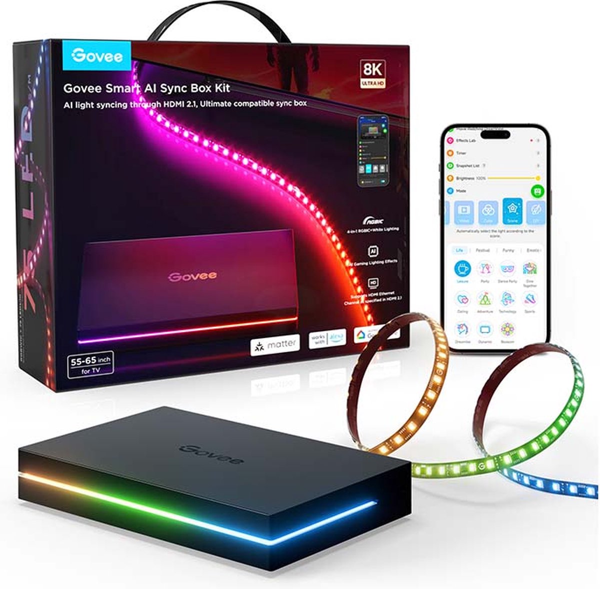 Govee AI Sync Box 2 55–65 pulgadas - HDMI Sync Box con iluminación LED - RGBICW - Control de aplicaciones - Alexa Google - Compatible con Matter