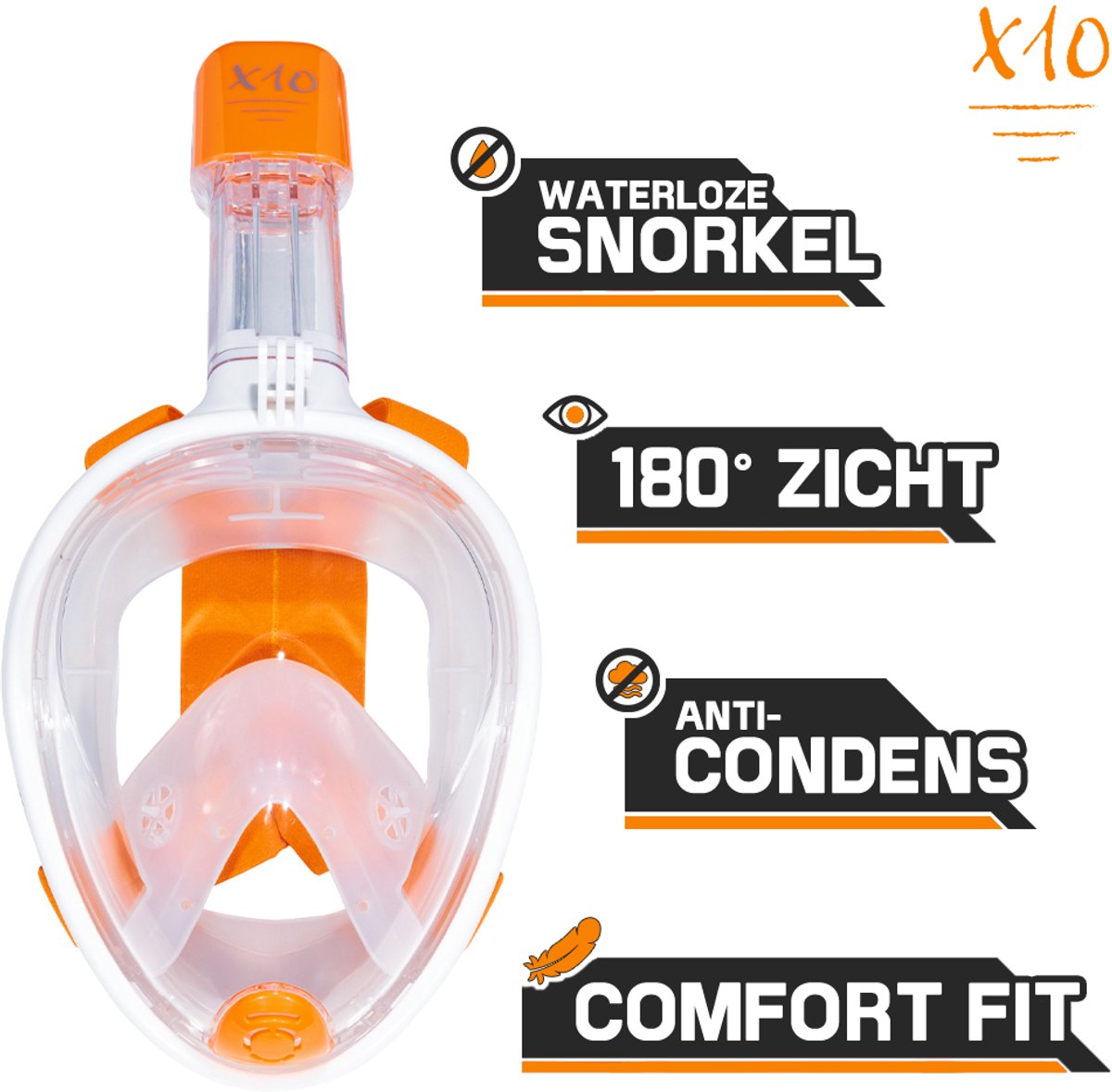 Maschera da snorkeling X10 - occhialini da sub - boccaglio - set boccaglio - maschera integrale - bambini - arancione - xs