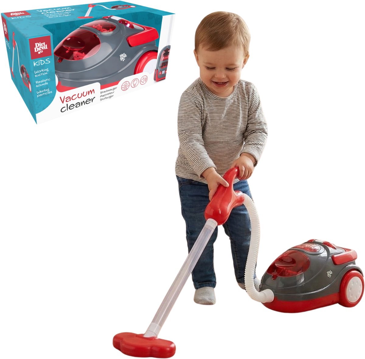 Aspirapolvere giocattolo Dirt Devil con tubo flessibile - con effetti sonori e particelle vorticose - giocattoli di pulizia senza fili per ragazzi e ragazze da 3 anni - 88 x 15 x 12,5 cm - rosso grigio