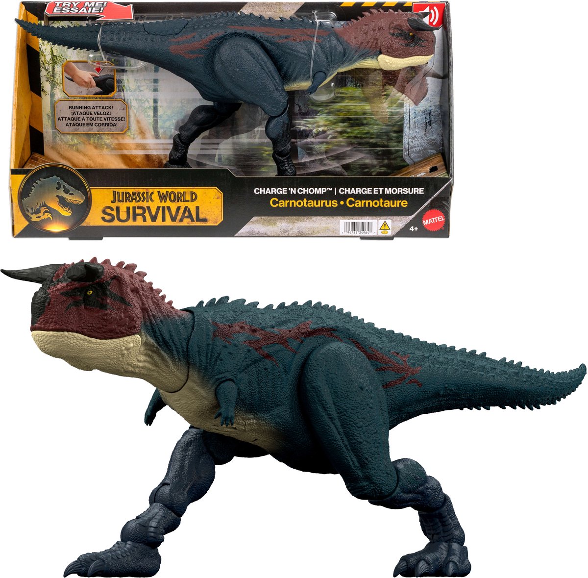 Mattel jurassic world corre y muerde carnotaurus corriendo figura de acción de dinosaurio rugiente