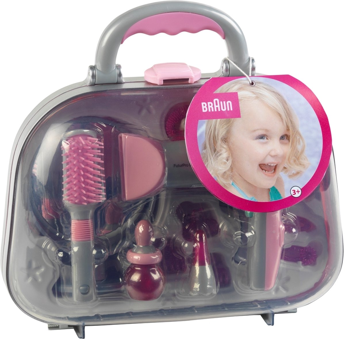 Klein Toys Parrucchiere Braun con asciugacapelli - incl. accessori per lo styling e ventola con meccanismo ad aria fredda - rosa grigio