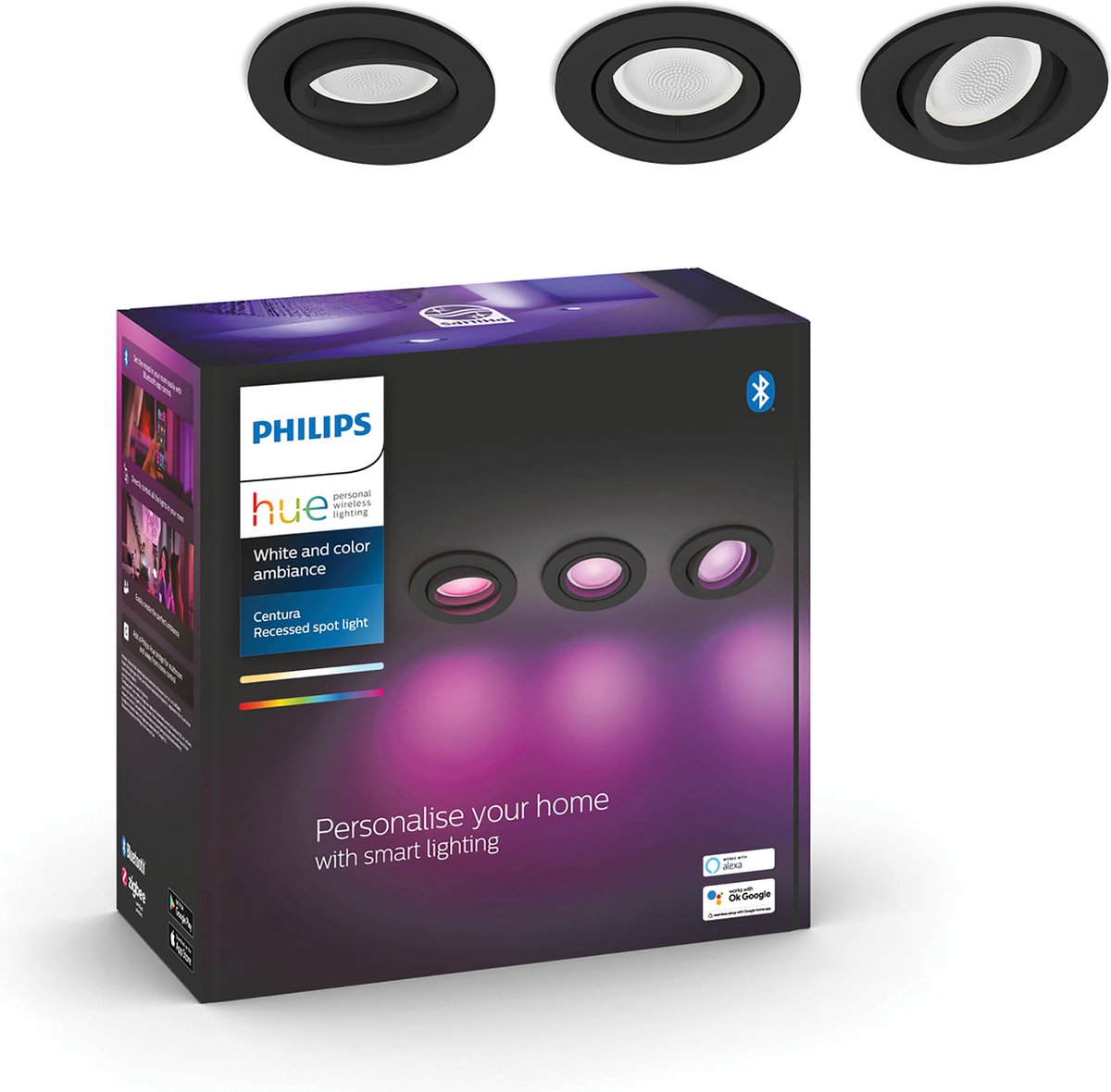 Foco empotrable Philips Hue Centura - blanco y color blanco - paquete de 3 - negro - redondo - gu10