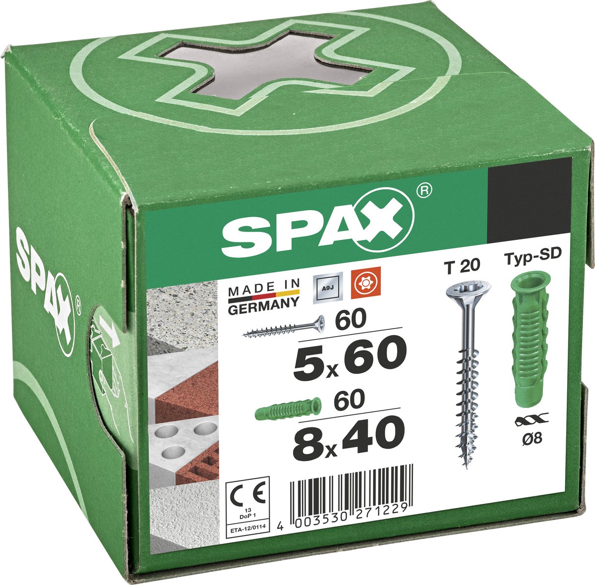 Taco Spax tipo SD 8 x 40 mm + tornillo universal, 5 x 60 mm, cabeza avellanada, rosca parcial, t-star plus t20, wirox, 60 + 60 piezas - 5000001200025