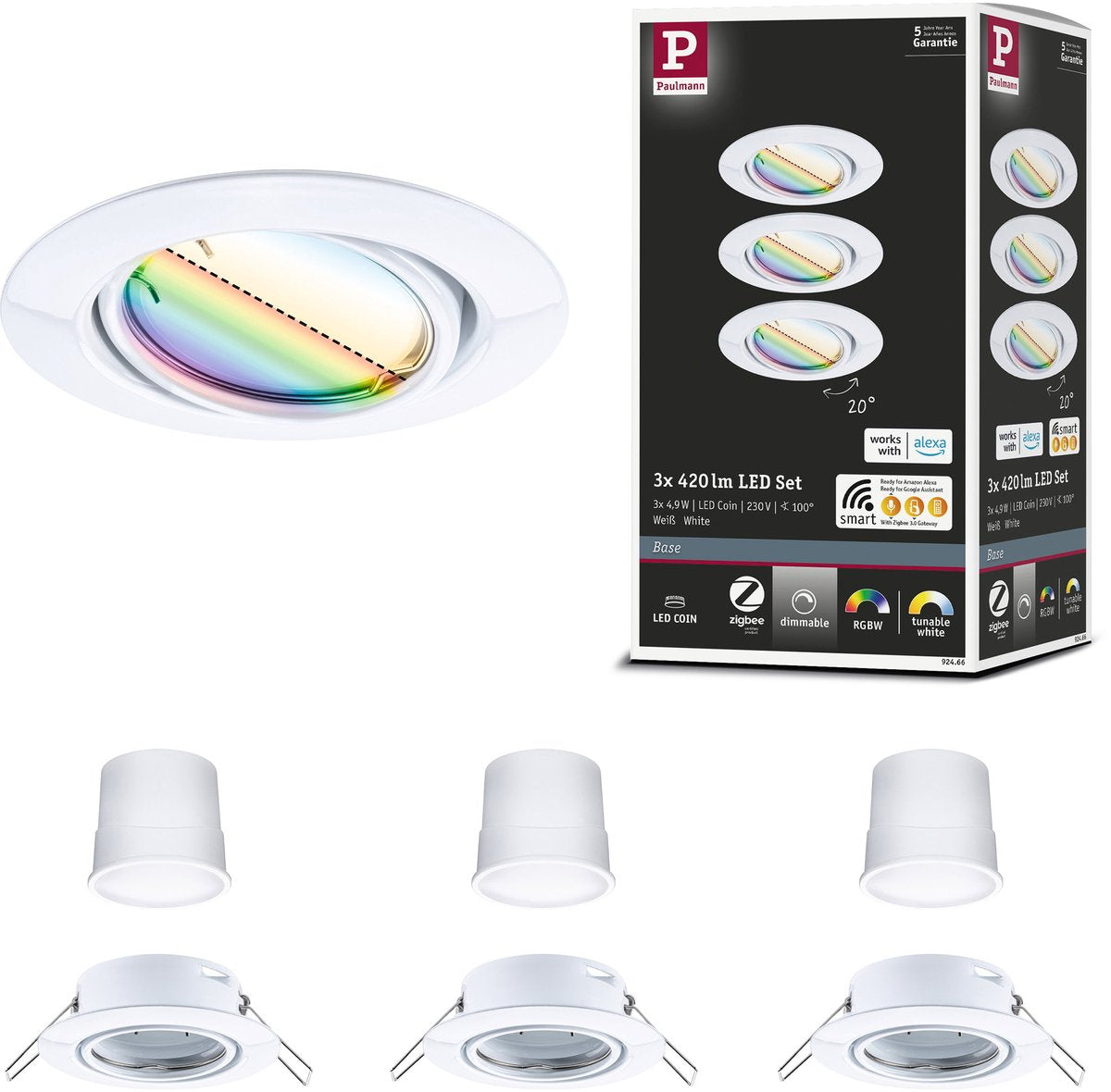 Paulmann LED lámpara empotrable hogar inteligente Zigbee 3.0 base moneda juego giratorio redondo 90 mm 20° moneda 3x4,9W 3x420lm 230V regulable RGBW+ blanco