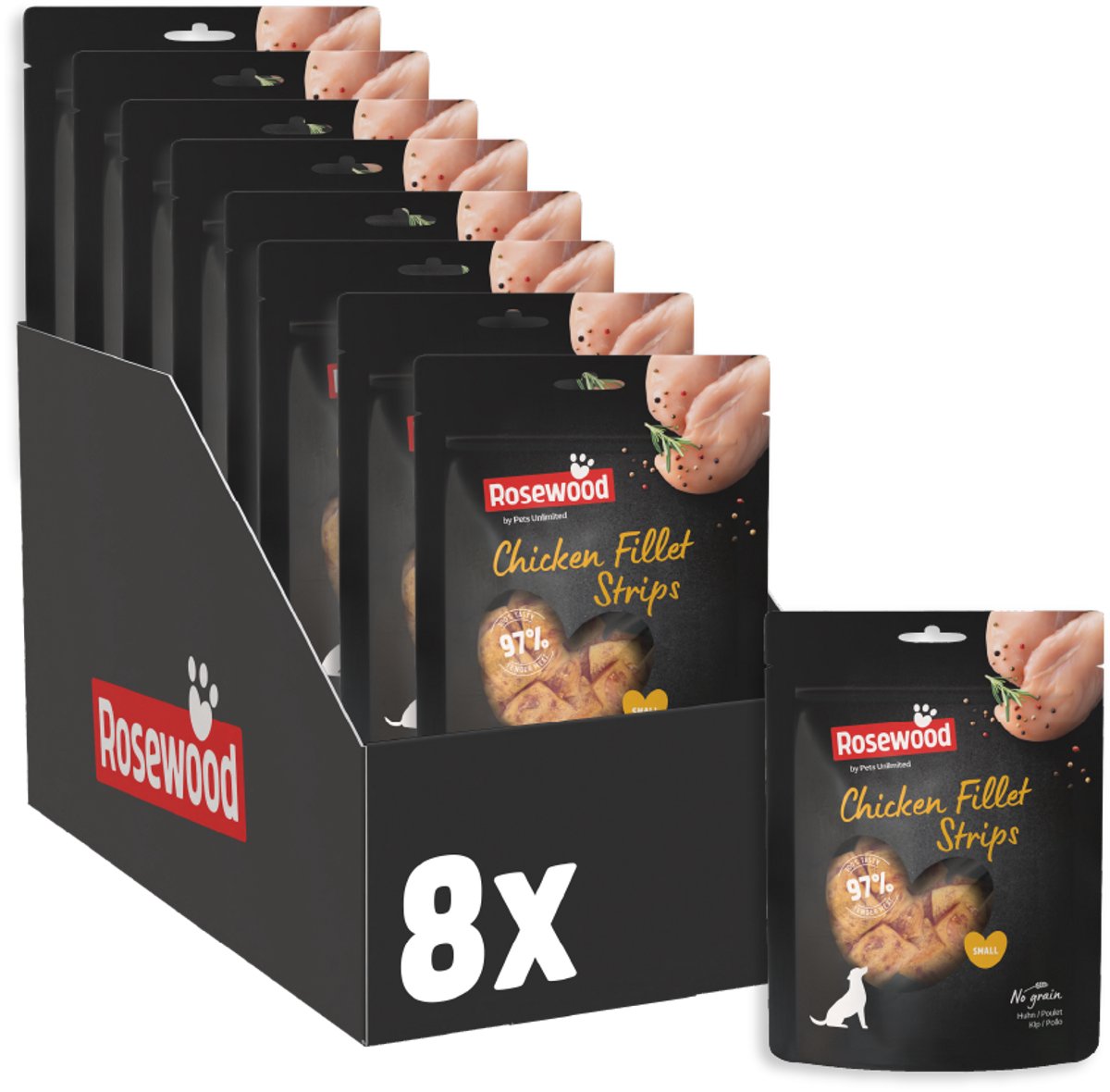 Rosewood chicken fillet strips small - dog snack for small dogs - 97% chicken - high in protein, low in fat - without artificial additives - 8 bags of 150g