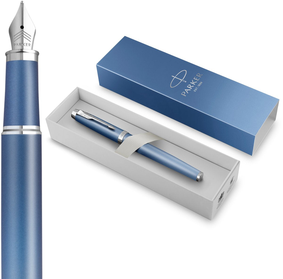 Parker im writing rituals vulpen | rustgevend blauw afwerking met kleurverloop en verchroomde details | medium penpunt | blauwe inkt | geschenkverpakking