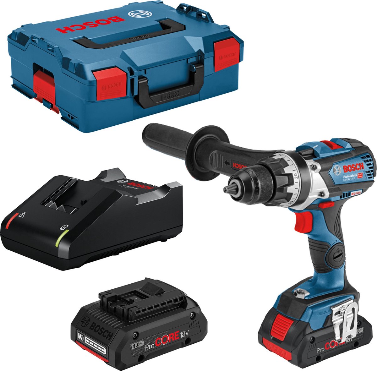 Bosch blue gsr 18v-110 c - set trapano/avvitatore a batteria agli ioni di litio 18v (batteria 2x4.0ah) in l-boxx - 06019g010a
