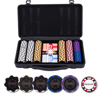 Set de poker longfield 300 fichas 14 gramos - estuche de aluminio negro - naipes - botón de repartidor - dados - corazón de ángel