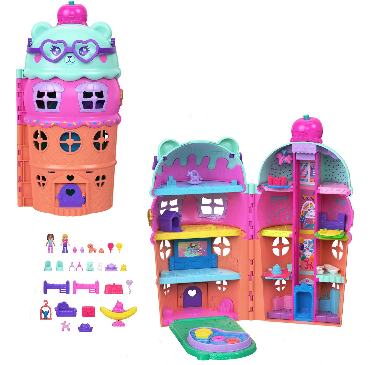 Set da gioco Polly Pocket Gelateria: gelateria con ascensore, tema gelato e più di 25 accessori