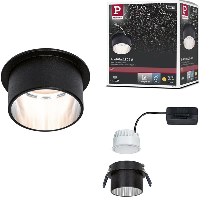 Paulmann LED empotrable 3-step-dim gil coin ip44 redondo 68 mm coin 6w 470lm 230v regulable 2700k negro mate, acero cepillado