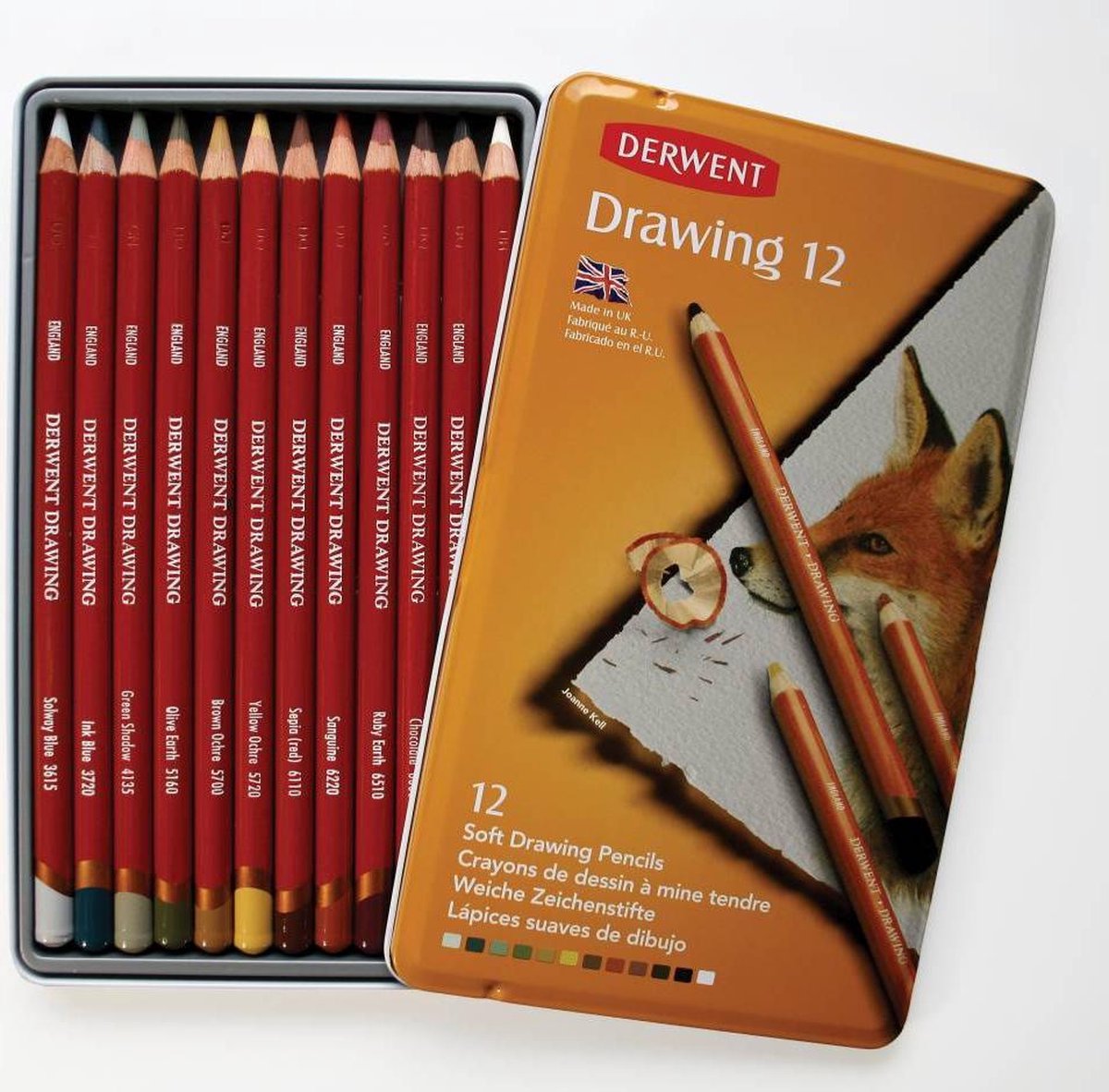 Derwent dibujando 12 lápices de dibujo en una lata